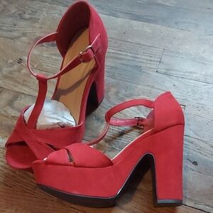 BAMBOO Red Platform Heels with Chunky Block Heel and Peep-Toe